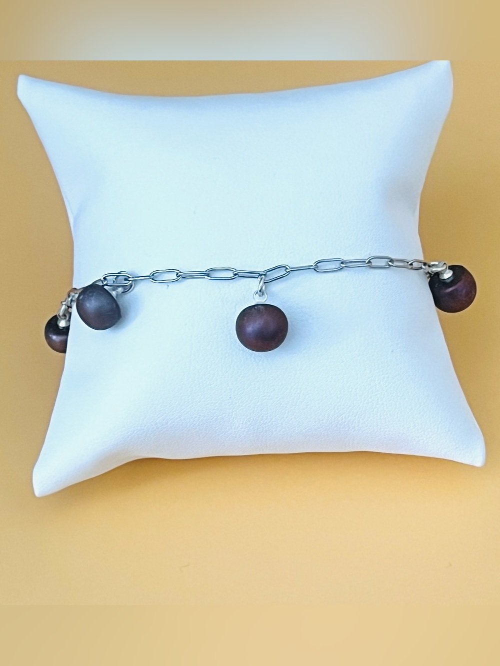 Stainless steel Chain Bracelet with Dark Brown pearls Charms